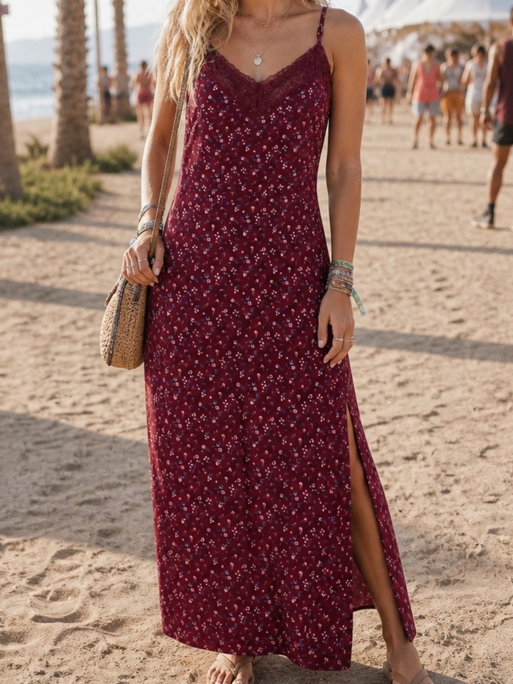 Hollister Maxi Dress Sz L Burgundy Floral Slit Sheath Slip Lace Trim Lightweight